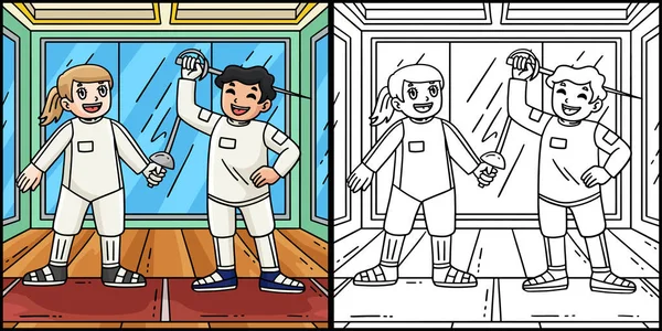 Bu boyama sayfasında eskrim yapan bir erkek ve kadın var. Bu illüstrasyonun bir tarafı renkli ve çocuklar için bir ilham kaynağı..