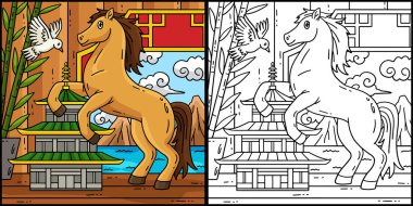 Bu renkli sayfa At 2026 Minyatür Pagoda Yılı 'nı gösteriyor. Bu illüstrasyonun bir tarafı renkli ve çocuklar için bir ilham kaynağı..