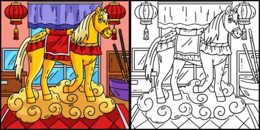 Bu renklendirme sayfası Bulut Üssü 'ndeki At 2026 yılını gösteriyor. Bu illüstrasyonun bir tarafı renkli ve çocuklar için bir ilham kaynağı..