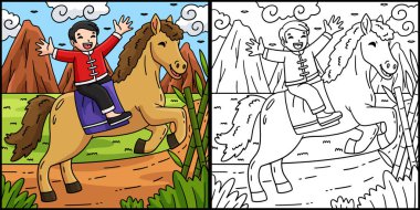 Bu renkli sayfa At Binen Çocuk 2026 yılını gösteriyor. Bu illüstrasyonun bir tarafı renkli ve çocuklar için bir ilham kaynağı..