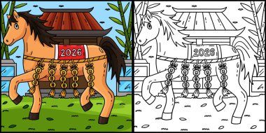 Bu boyama sayfasında At 2026 ve Feng Shui yılı var. Bu illüstrasyonun bir tarafı renkli ve çocuklar için bir ilham kaynağı..