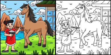 Bu renkli sayfa At 2026 Kız ve At Yılı 'nı gösteriyor. Bu illüstrasyonun bir tarafı renkli ve çocuklar için bir ilham kaynağı..