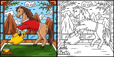 Bu boyama sayfası At 2026 Çayı 'nı gösteriyor. Bu illüstrasyonun bir tarafı renkli ve çocuklar için bir ilham kaynağı..