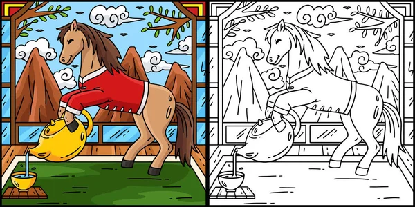 Bu boyama sayfası At 2026 Çayı 'nı gösteriyor. Bu illüstrasyonun bir tarafı renkli ve çocuklar için bir ilham kaynağı..