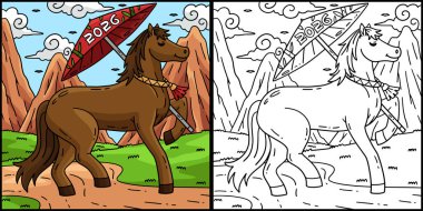 Bu renkli sayfa At Yılı 2026 Yağ Kağıdı Şemsiyesi 'ni gösteriyor. Bu illüstrasyonun bir tarafı renkli ve çocuklar için bir ilham kaynağı..