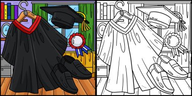 Bu boyama sayfası Toga, Cap ve Shoes mezuniyetini gösteriyor. Bu illüstrasyonun bir tarafı renkli ve çocuklar için bir ilham kaynağı..