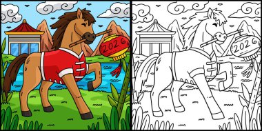 Bu renkli sayfa bir At Yılı 2026 ve bir Fener 'i gösteriyor. Bu illüstrasyonun bir tarafı renkli ve çocuklar için bir ilham kaynağı..