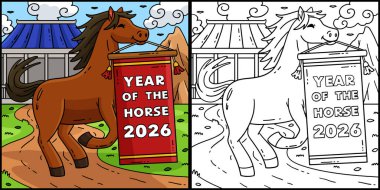 Bu boyama sayfası At 2026 yılını gösteriyor. Bu illüstrasyonun bir tarafı renkli ve çocuklar için bir ilham kaynağı..