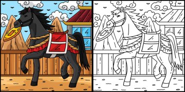 Bu renkli sayfa At Isırma Yılı 'nı gösteriyor. Bu illüstrasyonun bir tarafı renkli ve çocuklar için bir ilham kaynağı..