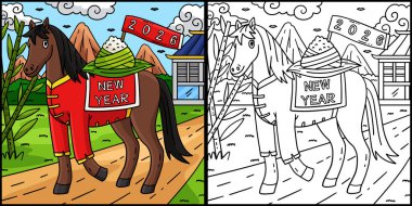 Bu boyama sayfasında Yapışkan Pirinçli At 2026 yılı var. Bu illüstrasyonun bir tarafı renkli ve çocuklar için bir ilham kaynağı..