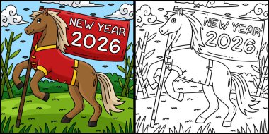 Bu renklendirme sayfasında Yeni Yıl 2026 Bayrağı olan bir At Yılı var. Bu illüstrasyonun bir tarafı renkli ve çocuklar için bir ilham kaynağı..