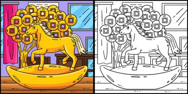 Bu boyama sayfasında At 2026 ve Sikke Ağacı yılı var. Bu illüstrasyonun bir tarafı renkli ve çocuklar için bir ilham kaynağı..