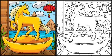 Bu boyama sayfasında bir at yılı 2026 ve bir altın külçesi var. Bu illüstrasyonun bir tarafı renkli ve çocuklar için bir ilham kaynağı..