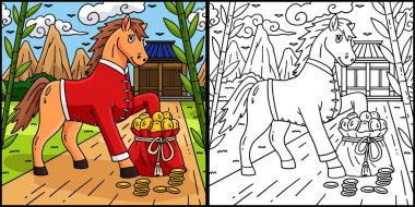 Bu boyama sayfasında Para Çantası ile At 2026 yılı var. Bu illüstrasyonun bir tarafı renkli ve çocuklar için bir ilham kaynağı..