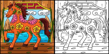 Bu renklendirme sayfası desenli At 2026 yılını gösteriyor. Bu illüstrasyonun bir tarafı renkli ve çocuklar için bir ilham kaynağı..