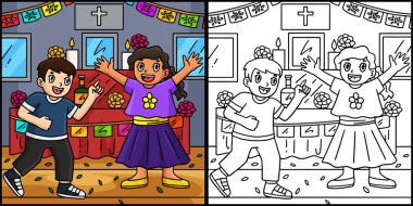 Bu boyama sayfasında Dia de los Muertos Kids Ofrenda var. Bu illüstrasyonun bir tarafı renkli ve çocuklar için bir ilham kaynağı..