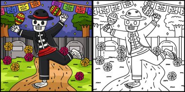 Bu renkli sayfa Dia de los Muertos Skeleton ve Maracas 'ı gösteriyor. Bu illüstrasyonun bir tarafı renkli ve çocuklar için bir ilham kaynağı..