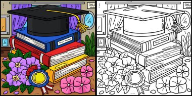 Bu boyama sayfası kitaplı mezuniyet şapkasını gösteriyor. Bu illüstrasyonun bir tarafı renkli ve çocuklar için bir ilham kaynağı..