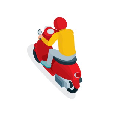 Kasklı genç adam scooter kullanıyor. Motosiklet süren erkek karakterin üst, yan ve arka görüntüsü. İzometrik vektör çizimleri ayarlandı. Koleksiyonun bir parçası.