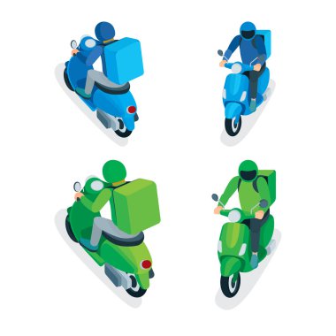 Teslimat servisi kuryesi. Termal yiyecek kutusuyla motosiklete binen paket servis elemanı. İzometrik vektör çizimi. Kümenin bir parçası.