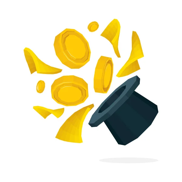 魔法の帽子と金貨だ 帽子と抽象的なアイソメトリックゴールデンシェイプとコインを持つ魔術師のトリック 財務上の成功と賞金の指標は ベクトル図を獲得 集合の一部 — ストックベクタ