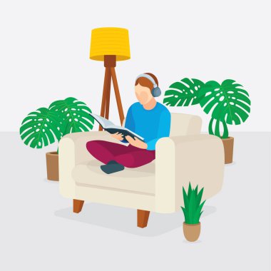 Evden çalışmak ve dinlenmek. Koltukta kitabı olan çizgi film karakteri, yeşil dekoratif bitkiler ve lamba. Vektör illüstrasyonu, kümenin bir parçası.