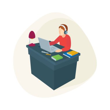 Kulaklıklı karakter dizüstü bilgisayarda çalışıyor. Çizgi film stili, üst görünüm izometrik vektör çizimi. Ev konseptinde çalışmak ve çalışmak. Kümenin bir parçası. 