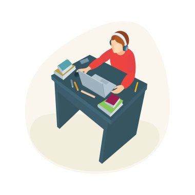 Kulaklıklı karakter dizüstü bilgisayarda çalışıyor. Çizgi film stili, üst görünüm izometrik vektör çizimi. Ev konseptinde çalışmak ve çalışmak. Kümenin bir parçası. 