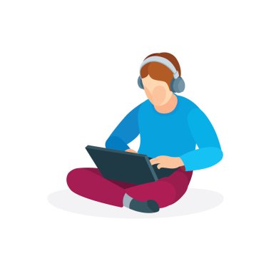 Lotus pozisyonunda dizüstü bilgisayarı ve kulaklığı olan bir çizgi film karakteri. Ev konsepti vektör illüstrasyonunda serbest çalışma ve çalışma. Kümenin bir parçası.