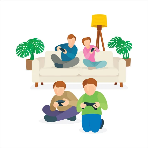 Family Playing Console Video Games Living Room Sitting Home Floor — Stock Vector