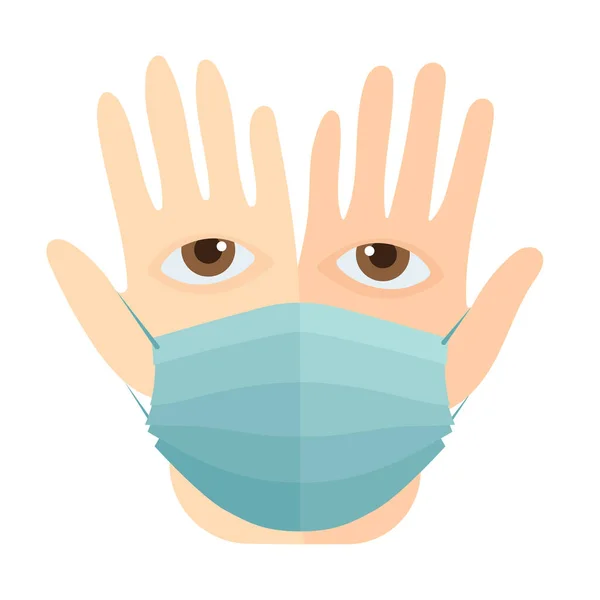 Erhobene Hände Handflächen Mit Augen Und Medizinische Maske Vektor Illustration — Stockvektor