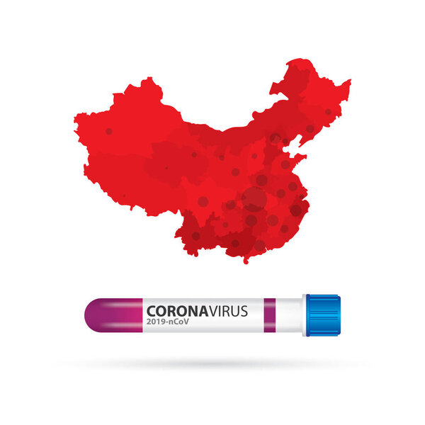 Coronavirus. 2019nCoV.  Broken medical virus test tube and China map. Deadly epidemic concept vector illustration. Part of set. 