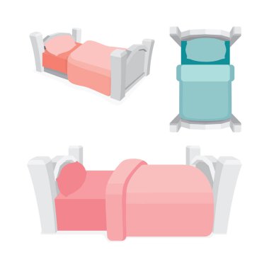 Yatağa. Çizgi film tarzı beyaz yatak vektör çizimleri ayarlandı. Yatak manzarası farklı taraflarda. 