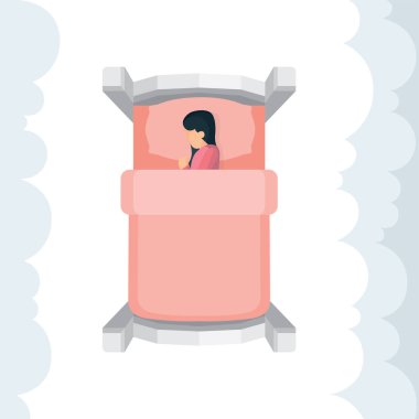 Yatakta arka planda bulutlar olan uyuyan kadın manzarası. Çizgi film stili kadın karakteri hatasında huzur içinde yatıyor. İyi geceler uykusu metaforu. Kümenin bir parçası.