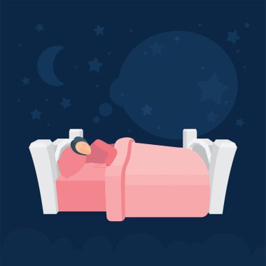 Gece gökyüzü, ay ve yıldızlı yatakta uyuyan kadın. Çizgi film stili kadın karakteri hatasında huzur içinde yatıyor. İyi geceler uykusu metaforu. Kümenin bir parçası.