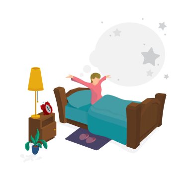 Bulutlardaki peri yatak odası. Arka planda bulutlar olan beyaz bir yatak. İyi uyku ve uyanık kavram metaforu. Kümenin bir parçası. 