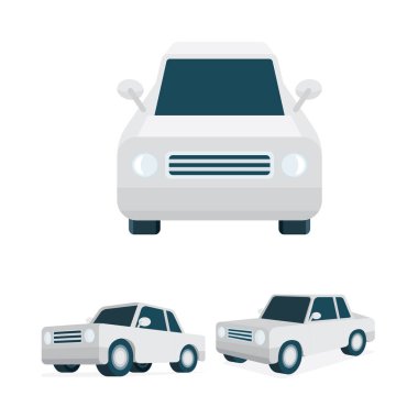 Isometric araba vektör çizimleri koleksiyonu. Düşük polimerli klasik sedan araba grafiği. Basit çizim araba üstü, yan ve ön manzara. Kümenin bir parçası.