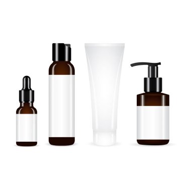 Kozmetik şişeler ve paket. Beyaz arka planda izole edilmiş gerçekçi kozmetik şişe vektör çizimleri. Gerçekçi şişe, tüp, şeker kutusu ve kozmetik için kap. Kümenin bir parçası.