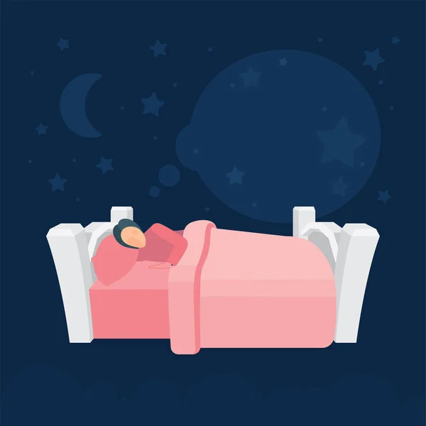 睡在床上的女人 背景上有夜空 月亮和星星 卡通风格的女性角色平静地躺在她的坏处 睡眠概念隐喻 成套服务的一部分 — 图库矢量图片