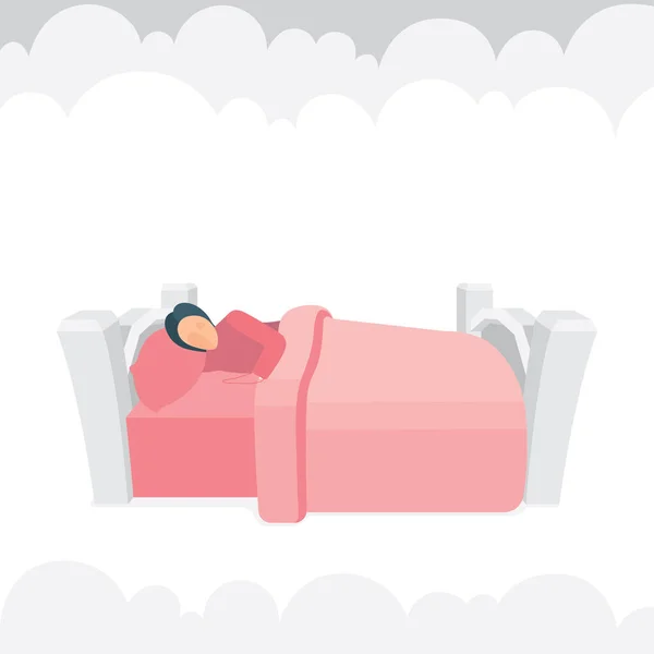 Een Slapende Vrouw Bed Met Wolken Achtergrond Cartoon Stijl Vrouwelijk — Stockvector