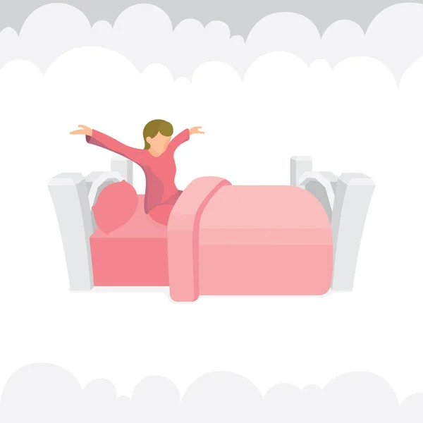年轻的女人正坐在床上 背著云彩 女性角色醒来后坐在床上 成套服务的一部分 — 图库矢量图片