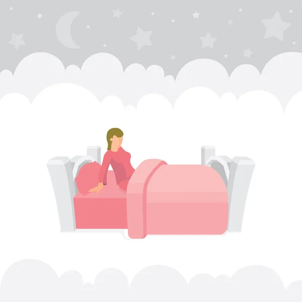 Good sleep and awake concept metaphor. White bedroom. Bed in clouds and night sky with moon and stars on background. Part of set.