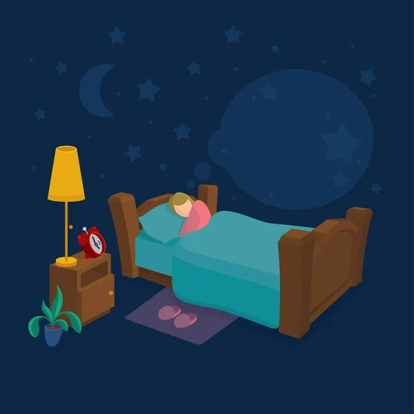 睡在床上的女人卡通风格的女性角色平静地躺在她的坏处 睡眠概念隐喻 成套服务的一部分 — 图库矢量图片