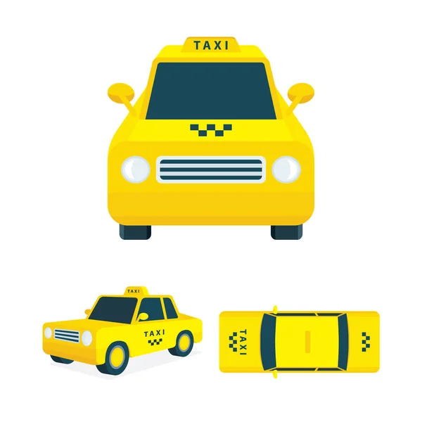 出租车 等距出租车矢量图解收集 低聚出租汽车图形 简单的拉车顶部 侧面和正面视图 成套服务的一部分 — 图库矢量图片
