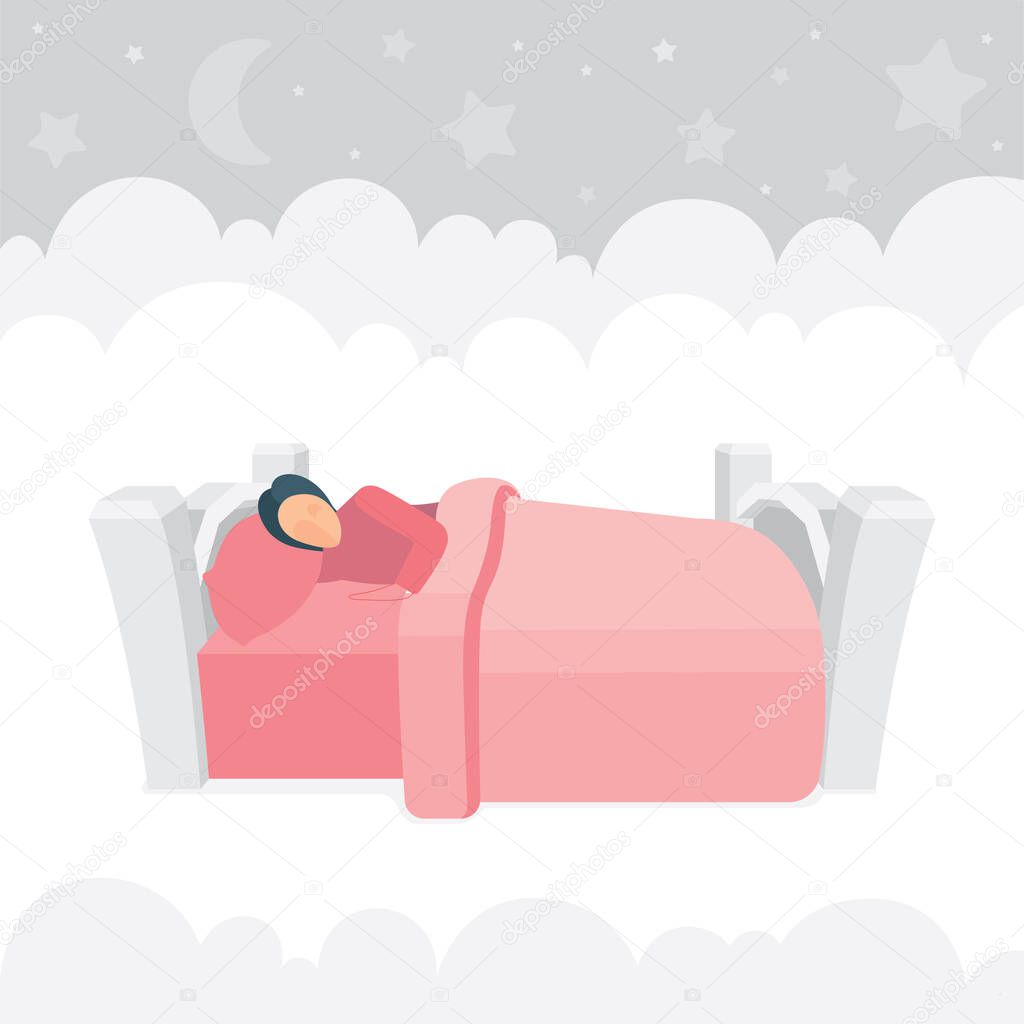 Sleeping woman in bed with clouds on background. Female peacefully resting in her bad. Good night sleep concept metaphor.  Part of set.