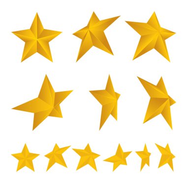 Yıldız. İzometrik ve düz yıldız vektör simgeleri ayarlandı. Farklı açılarda yıldız sembolleri. Kümenin bir parçası.