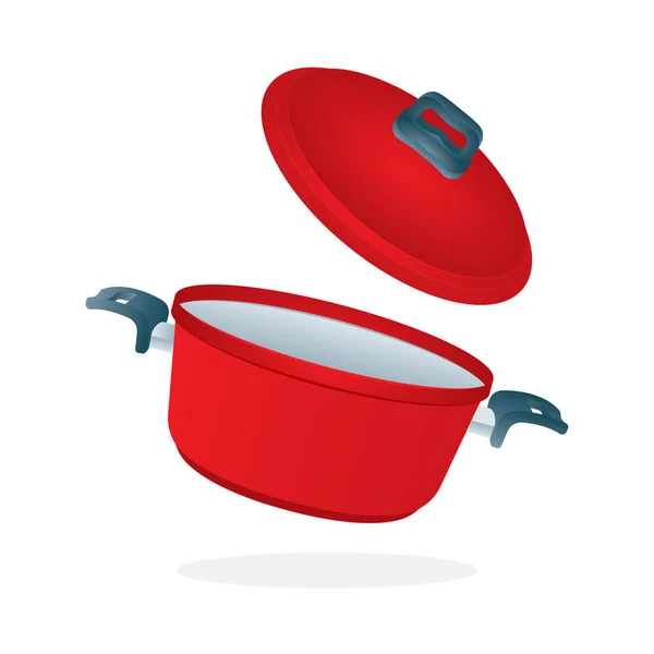 有飞行盖的平底锅 有开盖矢量图解的现实平底锅 红色的锅子 厨房用具 砂锅等距图标 成套服务的一部分 — 图库矢量图片