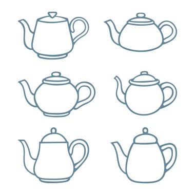 - Çay. Çaydanlık el çizimi vektör çizimleri ayarlandı. Retro kettles çizimleri. Kümenin bir parçası.