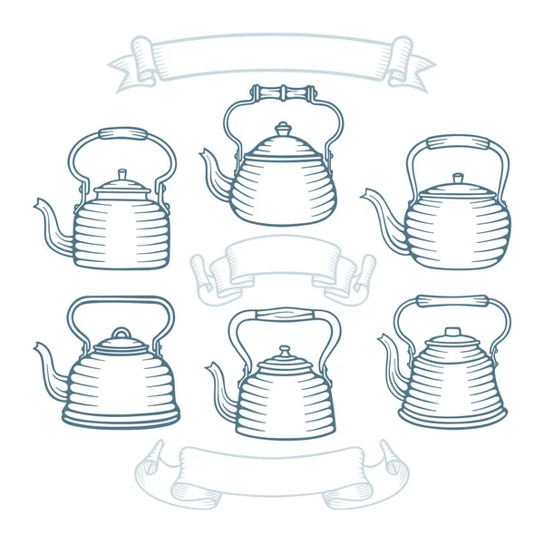 Çay Çaydanlık Çizimi Vektör Çizimleri Ayarlandı Retro Kettles Çizimleri Kümenin — Stok Vektör