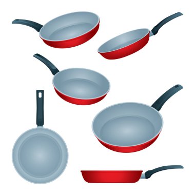 Kızartma tavası. Kızartma tavaları vektör çizimleri ayarlandı. Isometric kızartma tavaları farklı açılarda simgeler. Kümenin bir parçası.